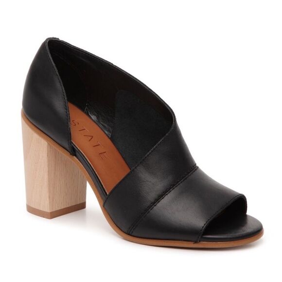 1. STATE AMBLE D'ORSAY STYLE OPEN TOE WOODEN BLOCK HEEL LEATHER OPEN TOE PUMP - Picture 1 of 9